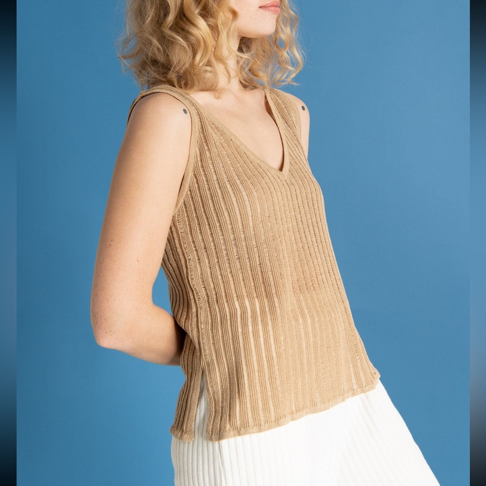 Linen knit tank, sheer top, Tan/Carmel, M/L